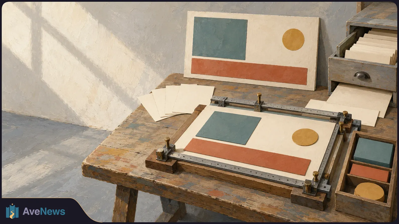 Painted illustration of colored shapes arranged within metal guides on a worktable, with a matching finished composition propped behind it and paper trays nearby. SI illustration