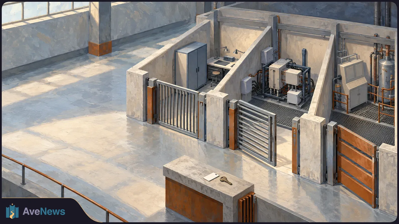 Illustration of three concrete equipment bays with different gates in an industrial room; a key rests on a pedestal in the foreground. SI illustration