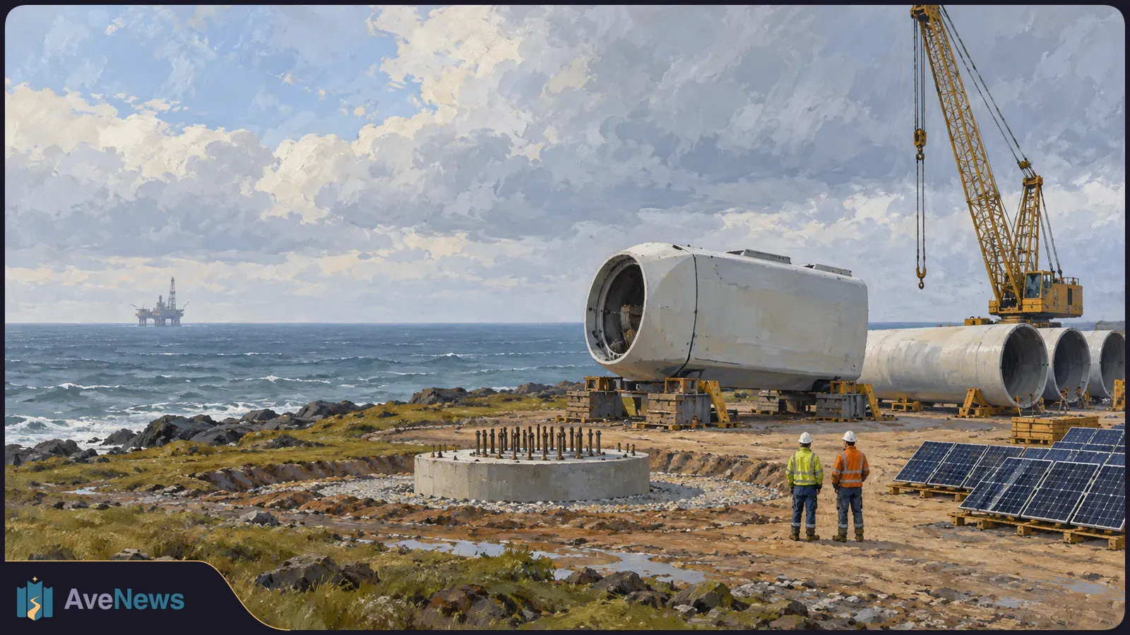 Painted coastal construction site with large cylindrical structures, a crane, solar panels and two workers; an offshore platform sits on the horizon. SI illustration