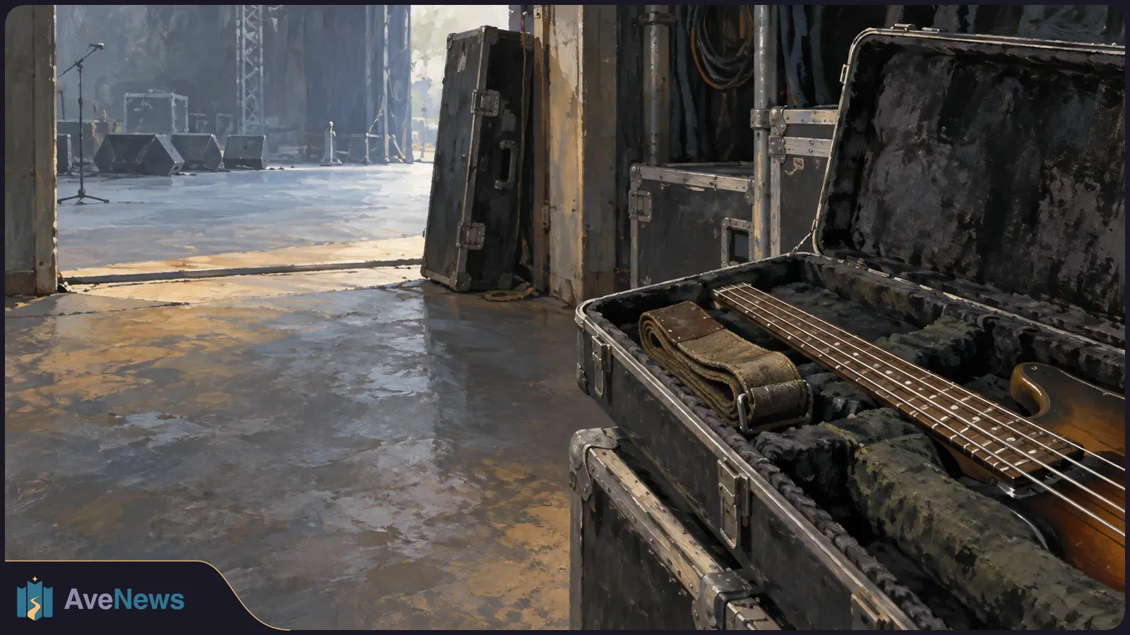 An open road case holds a bass guitar and strap backstage, with an empty stage, microphones and monitor speakers beyond. SI illustration