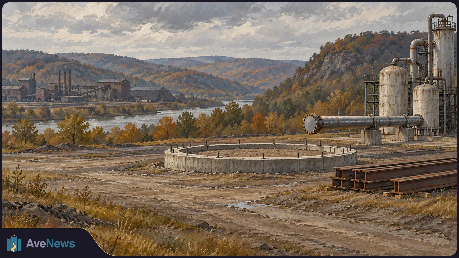 Painted industrial landscape with tanks and pipes beside a bare circular foundation and stacked steel beams; a river, distant factories and wooded hills fill the background. SI illustration