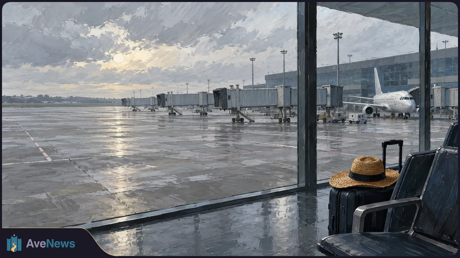 Painted view from an airport terminal: a straw hat rests on a suitcase beside empty seats, with jet bridges and a white plane beyond the rain-slick apron. SI illustration
