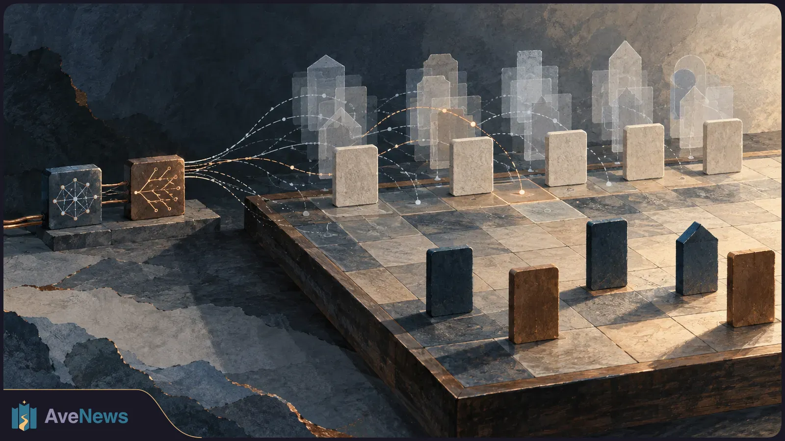 Illustration of a tiled game board with upright blank pieces, translucent piece outlines behind them, and dotted paths extending from two network-marked blocks at left. SI illustration