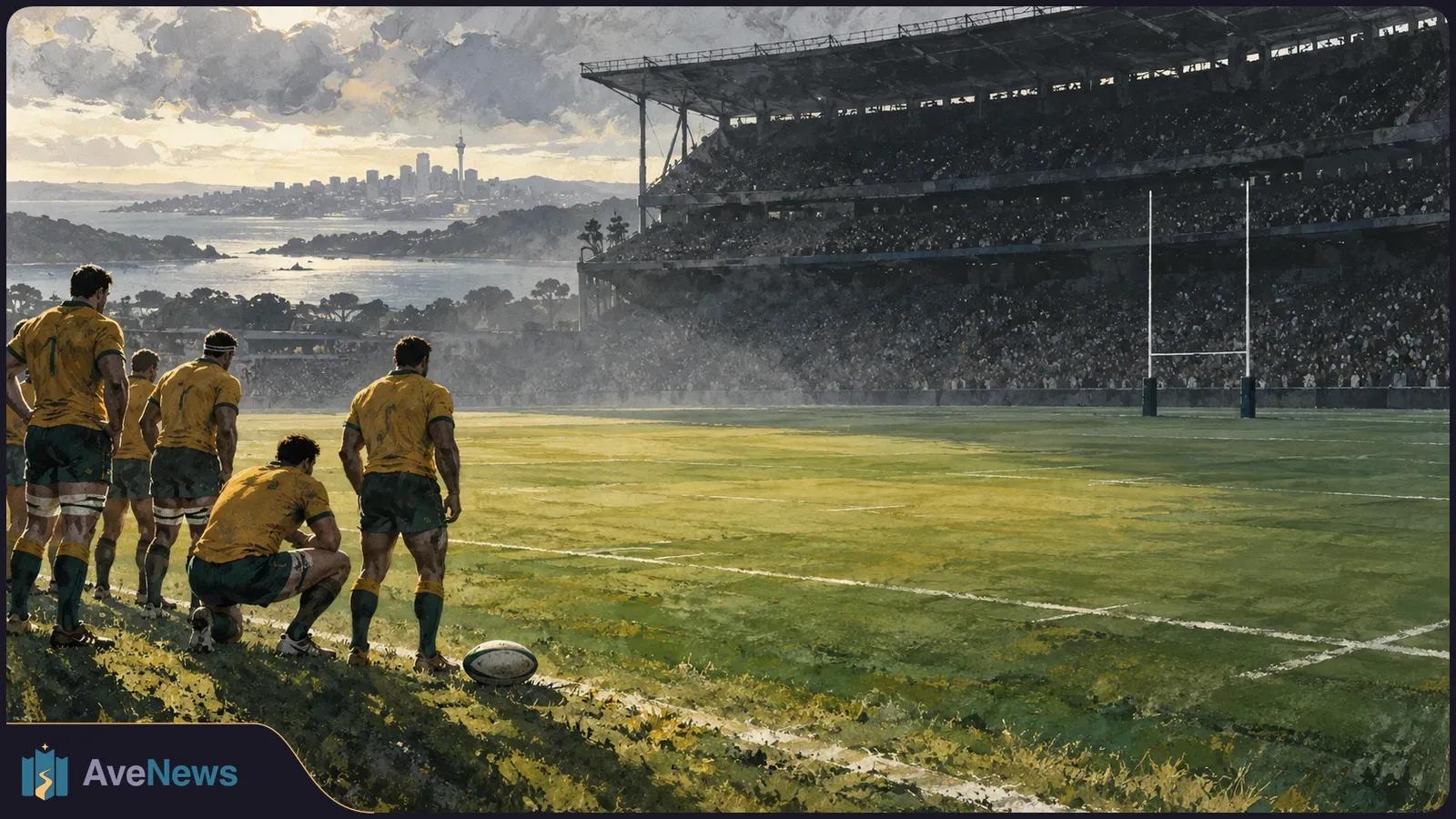 Painted rugby players in gold jerseys gather beside a ball at the edge of a sunlit pitch, facing goalposts and packed stands, with water and a city skyline beyond. SI illustration