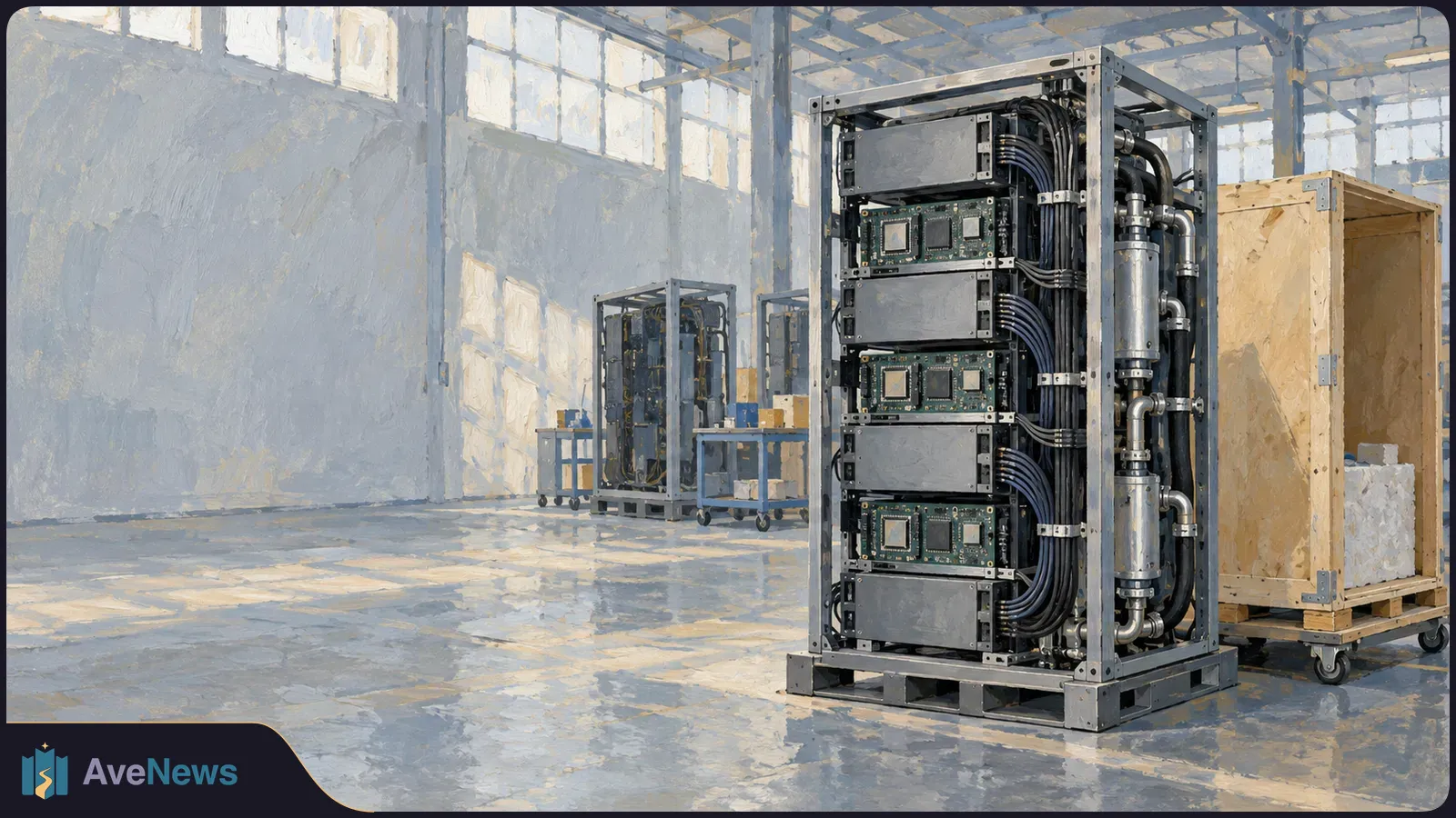 Painted warehouse scene with an open electronics rack holding circuit boards, cables and cooling pipes; wheeled equipment and a wooden crate stand behind it. SI illustration