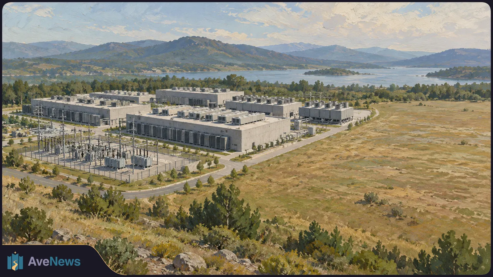 Painterly aerial view of several large buildings and an electrical substation beside a dry field, with a lake and mountains in the background. SI illustration