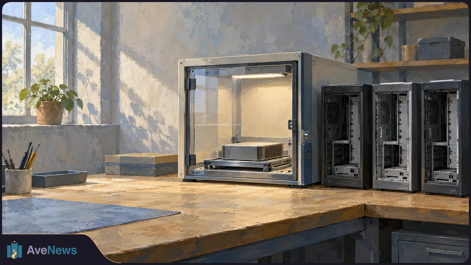 A small computer unit sits in a lit glass-front enclosure on a workbench beside three empty computer cases. Sunlight enters through a window. SI illustration