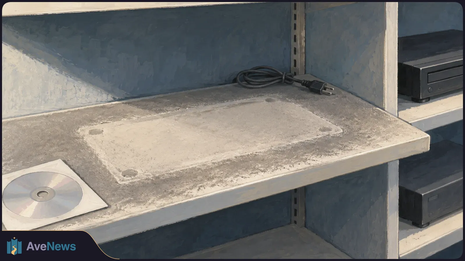 Illustration of a dusty, mostly empty shelf with a disc in a sleeve and a coiled power cord; two black media players sit on shelves to the right. SI illustration
