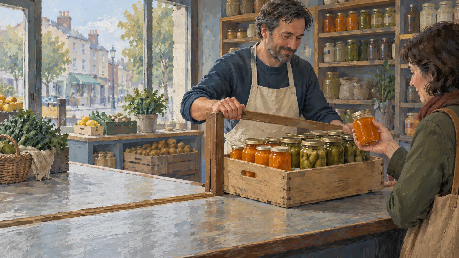 A painted shop scene shows an apron-clad man beside a crate of preserve and pickle jars, while a woman holds up a jar of orange preserve. SI illustration