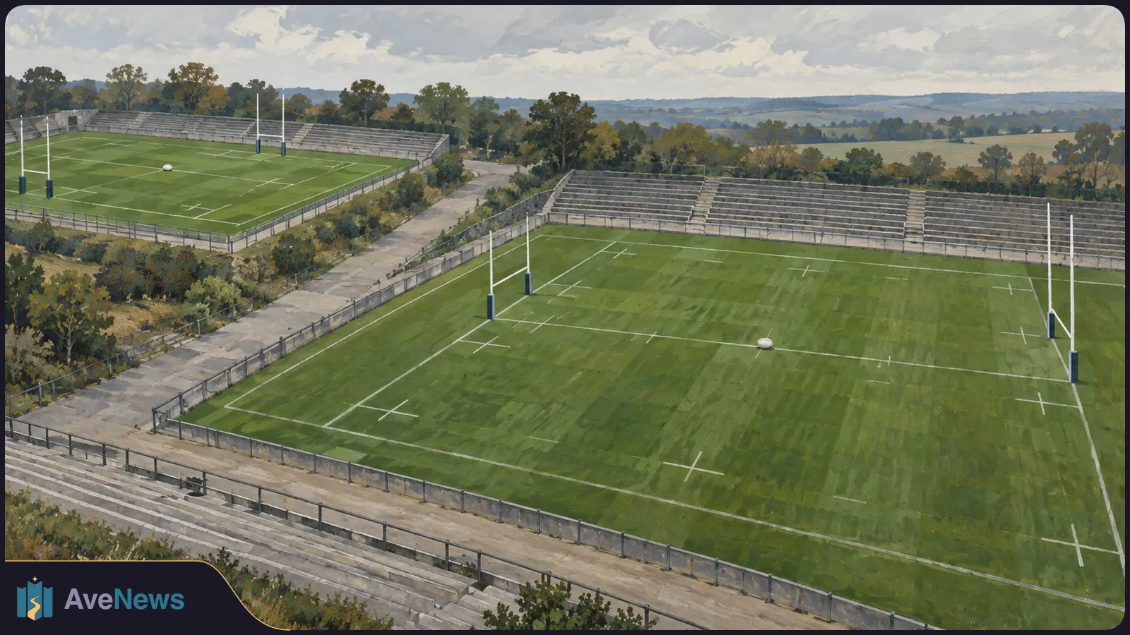 Painted aerial view of two empty rugby fields with goalposts and balls, bordered by concrete stands, trees and distant hills beneath a cloudy sky. SI illustration
