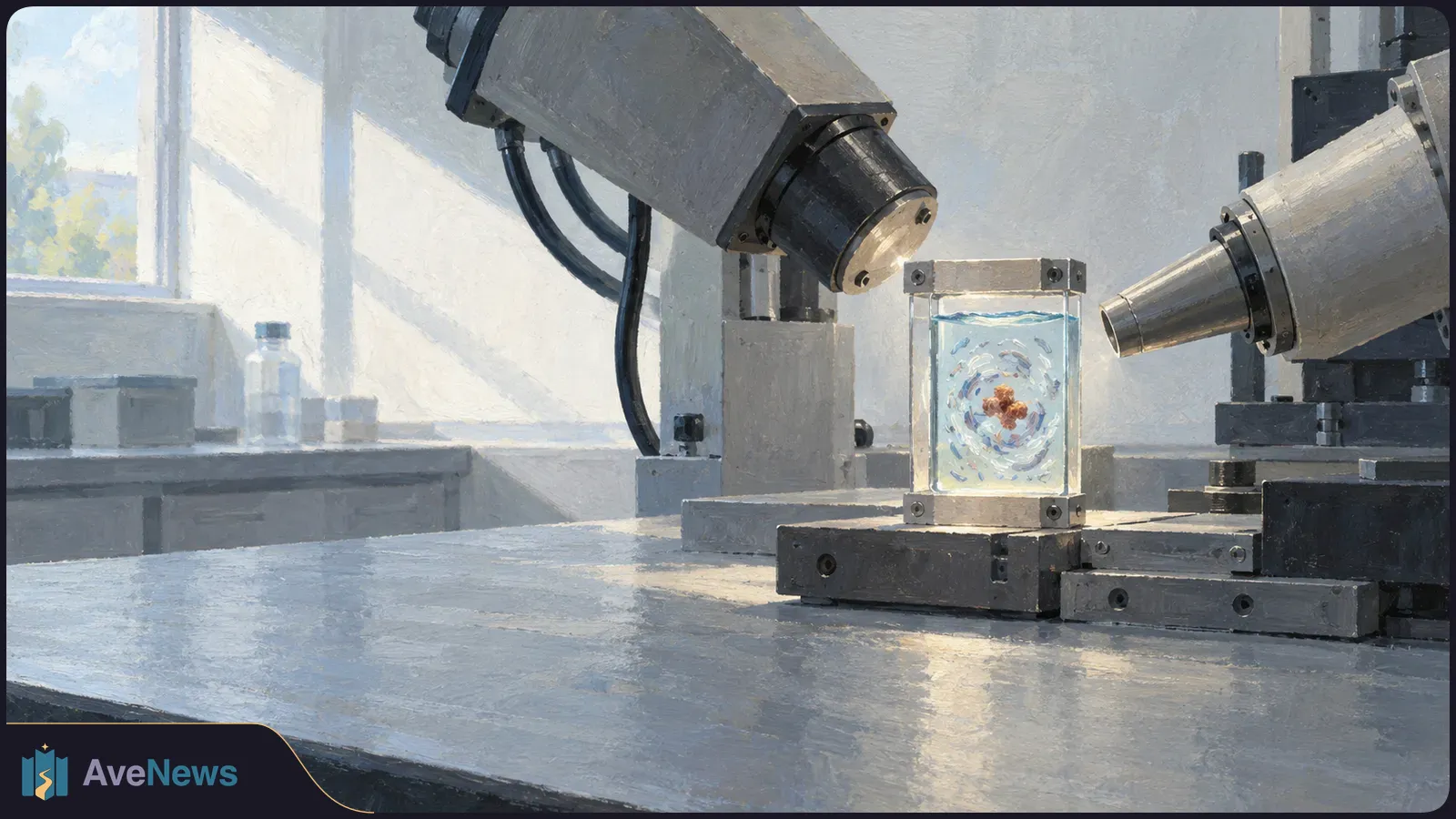 Two large instruments point toward a transparent sample cell holding a small brown cluster amid blue swirls, in a sunlit laboratory. SI illustration
