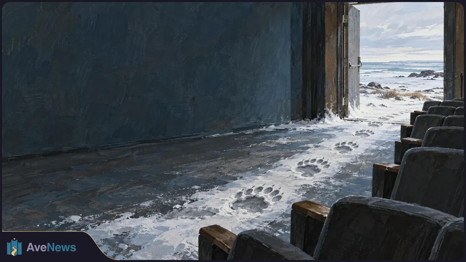 Painted cinema interior with dark seats beside a trail of large paw prints in snow, leading through an open door to a snowy, rocky coast. SI illustration