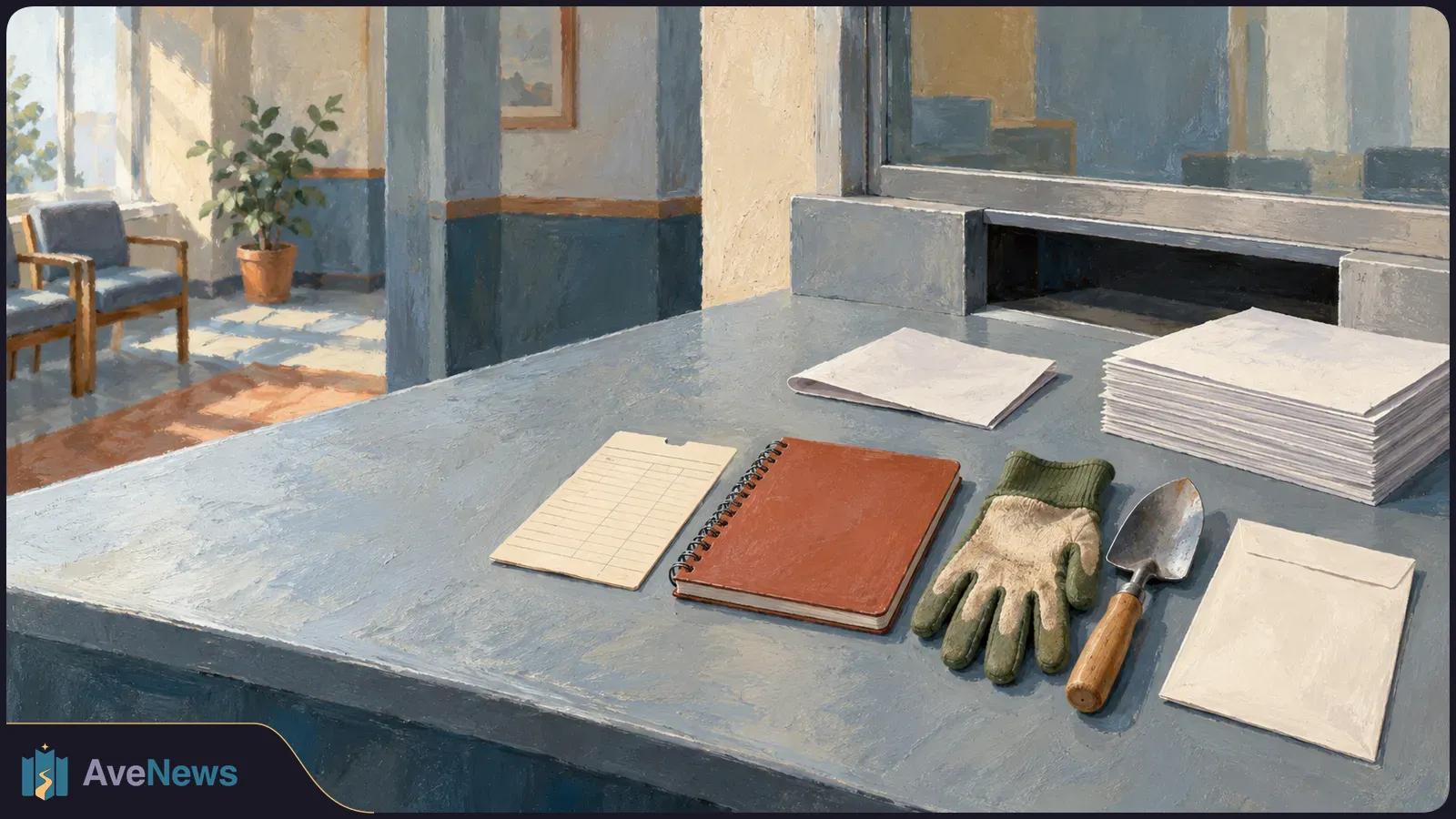 Painted view of a counter with papers, a notebook, a blank gridded pad, a gardening glove, a hand trowel and an envelope. Chairs and a potted plant are in the background. SI illustration