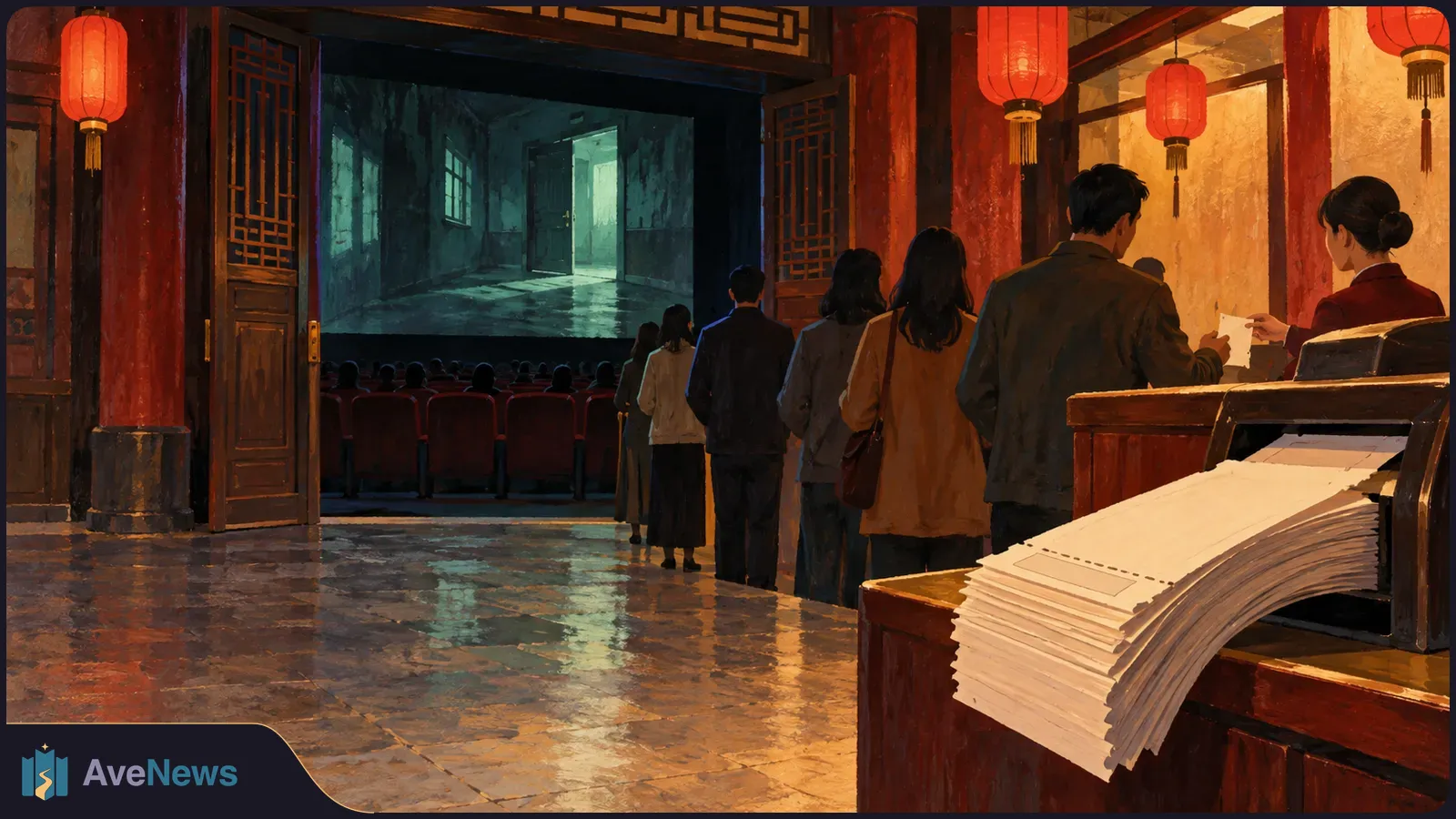 People queue beside red lanterns at a cinema entrance. Inside, a screen shows a dim, empty room with an open door; a stack of tickets rests on the counter. SI illustration