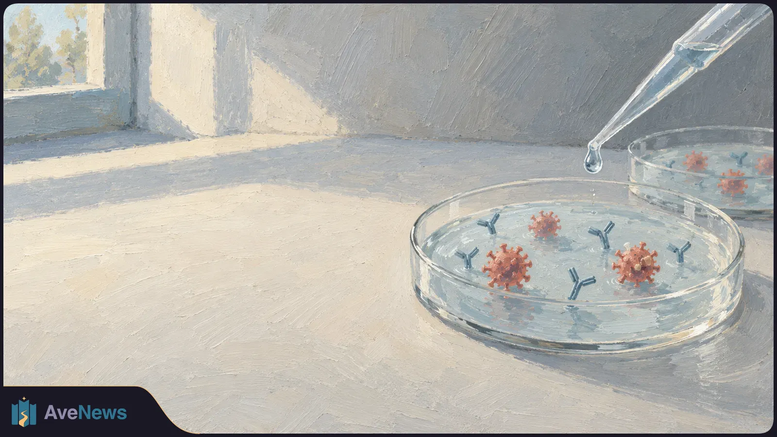 A painted scene shows a pipette above a glass dish containing red spiky particles and blue Y-shaped antibody symbols, with a second dish behind it. SI illustration