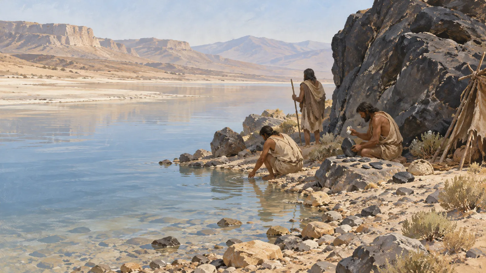 Illustration of three people beside a lake in an arid landscape: one touches the water, another holds a staff, and a third works with stones near a shelter. SI illustration
