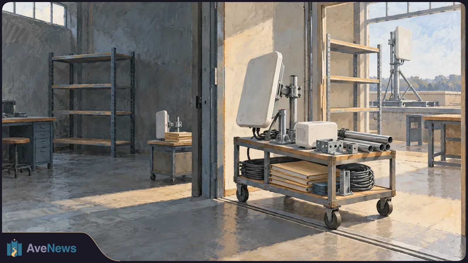 Painted workshop scene with a large panel antenna, cables and metal components on a rolling cart; another antenna stands by an open doorway. SI illustration