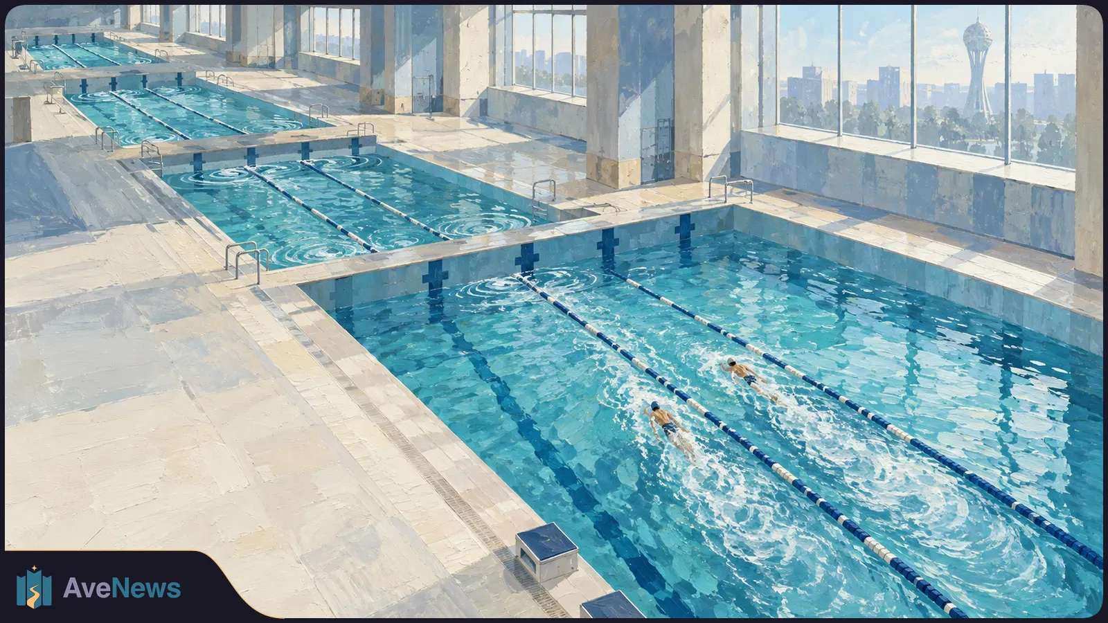 Painted view of two swimmers in a bright indoor lap pool, with more pools receding behind them and a city skyline visible through tall windows. SI illustration