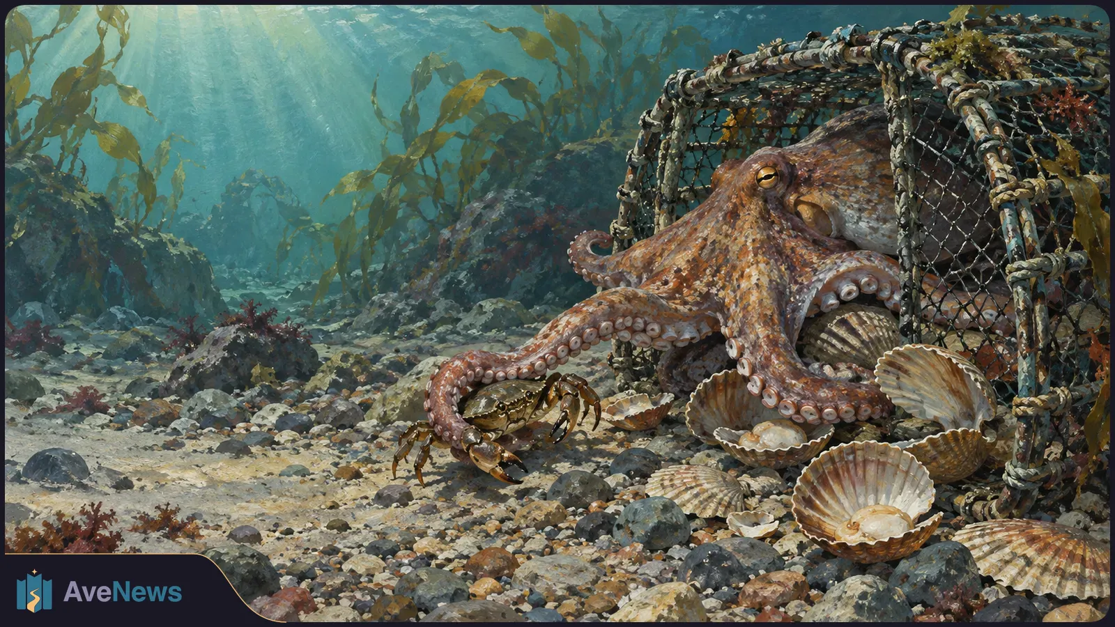 Painted underwater scene of an octopus curling a tentacle around a crab beside a wire fishing trap. Open scallop shells lie on the rocky seabed, with kelp behind. SI illustration