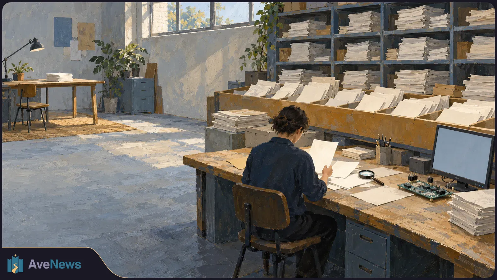 Painterly office scene with a person seen from behind reviewing a sheet at a desk, surrounded by stacks of papers, shelves, a blank monitor and a small circuit board. SI illustration