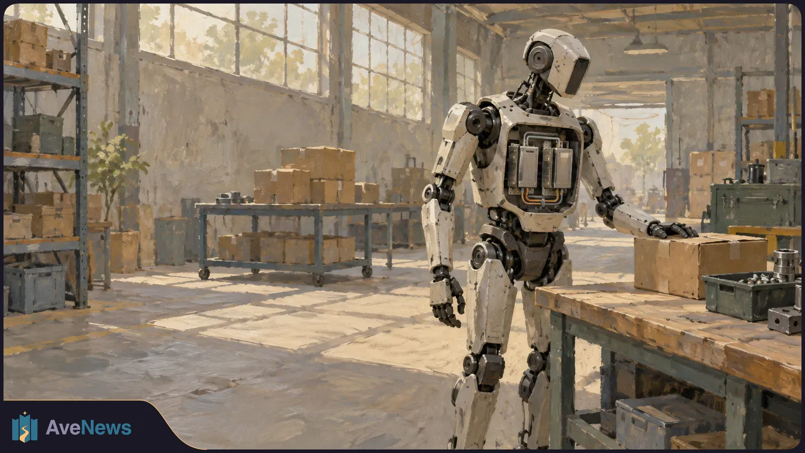 A white humanoid robot with exposed modules in its chest stands beside boxes and a workbench in a sunlit industrial workspace. SI illustration