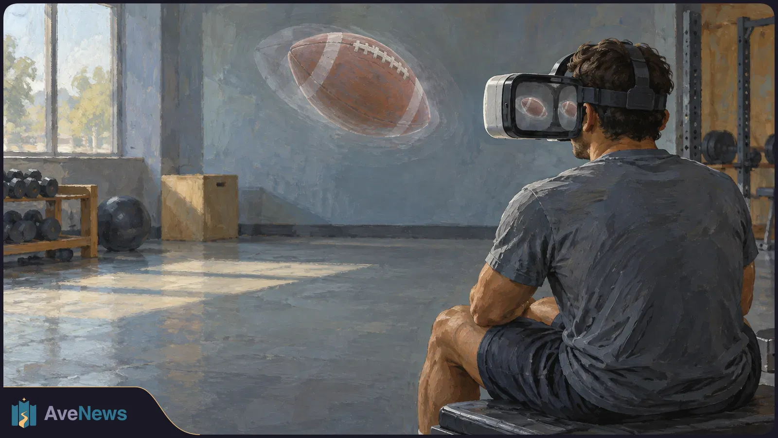 Painted gym scene with a seated man wearing a VR headset and facing a football suspended in front of him. Two smaller footballs appear in the headset lenses. SI illustration