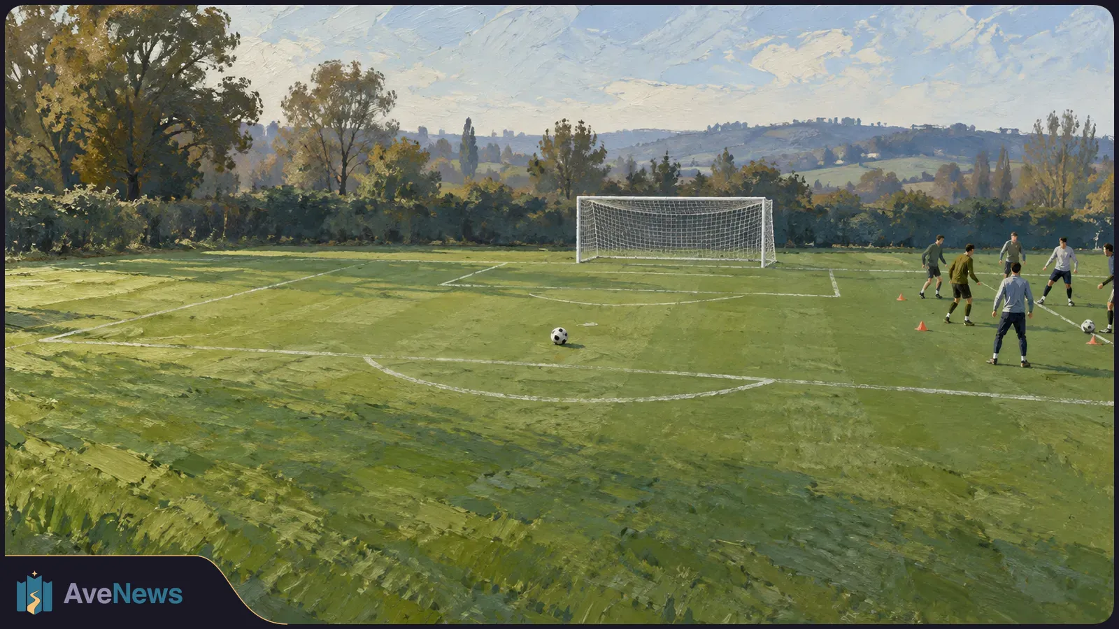 Painterly view of a green football pitch with a goal, two balls and small groups of players on the right, bordered by trees and distant hills. SI illustration