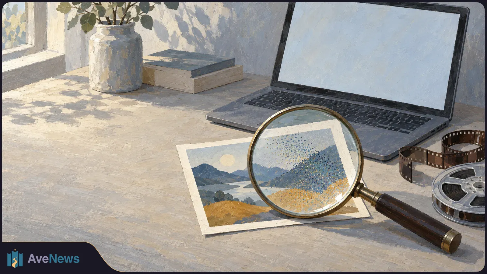 Painted desk scene with a magnifying glass enlarging dots on a landscape print, beside a blank-screen laptop, film strip and reel. SI illustration