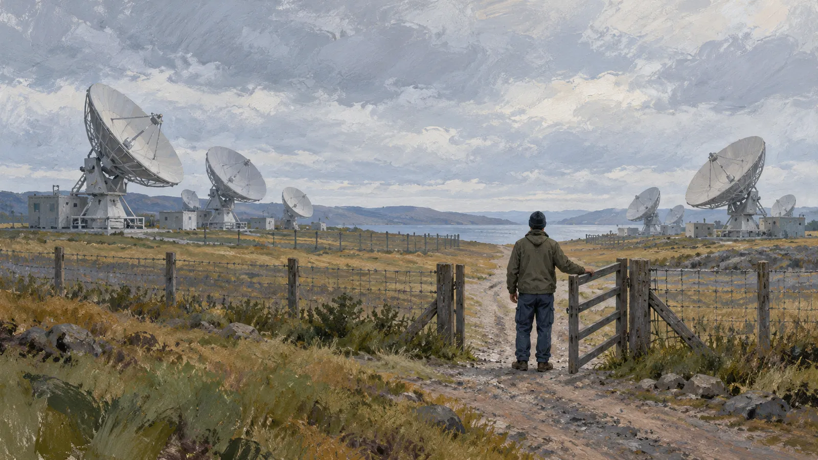 A painted scene of a person standing at an open gate, facing satellite dishes on both sides of a track leading toward water under a cloudy sky. SI illustration