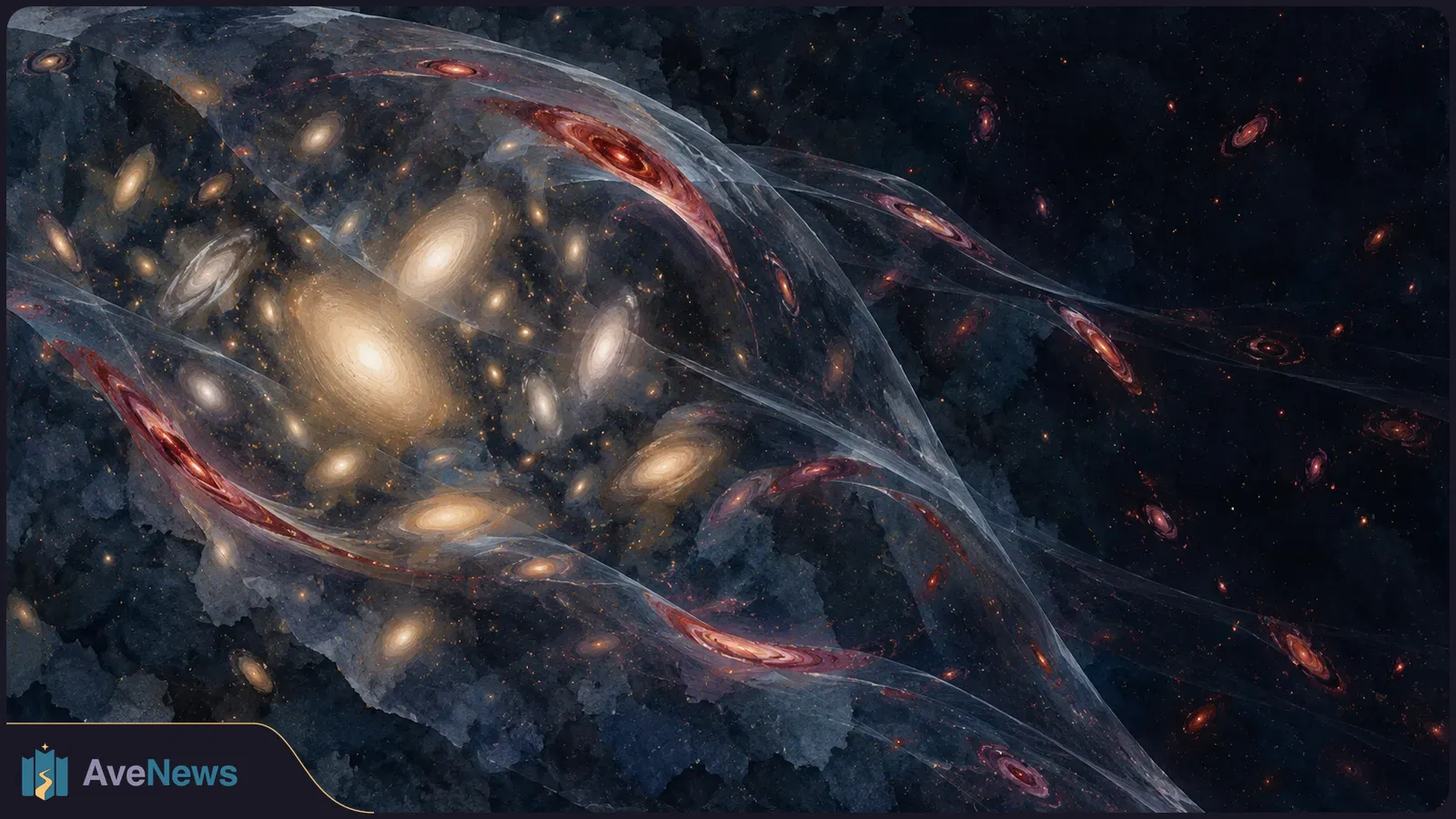 Glowing galaxies fill a dark star field, crossed by broad translucent curves that stretch some galaxies into reddish arcs. SI illustration