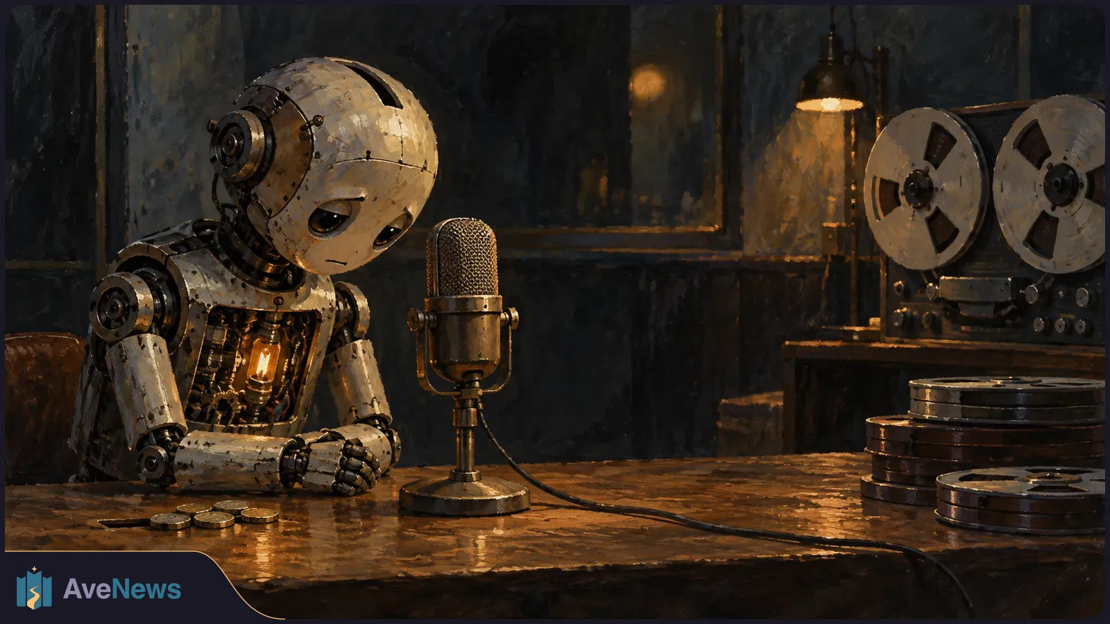 A downcast metal robot sits at a studio table facing a microphone, with a reel-to-reel recorder and tape reels nearby. SI illustration