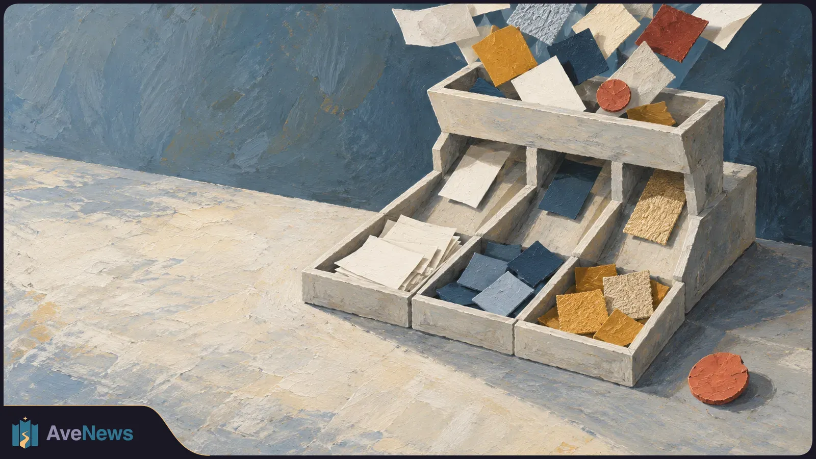 Painted illustration of a three-lane sorter separating white, blue and yellow paper squares, with more shapes falling into its top tray. SI illustration