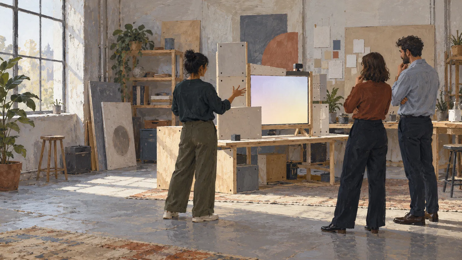 In a sunlit studio, one person gestures toward a screen framed by panels while two others watch. Plants, shelves and artwork surround them. SI illustration