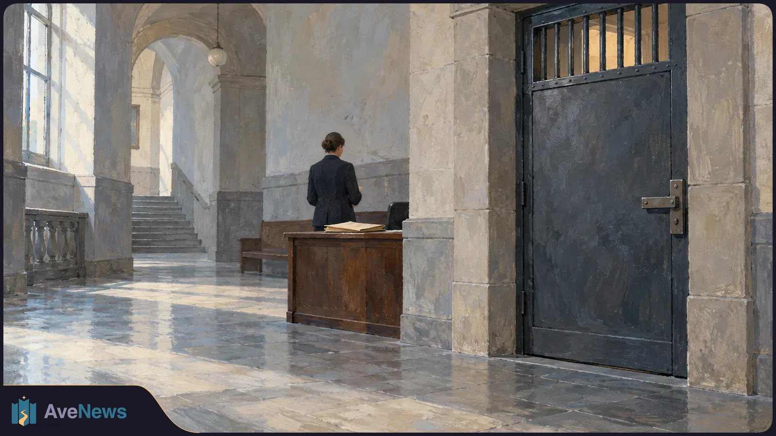 Painted stone hallway with arched windows, stairs, a wooden desk and a barred metal door; a person stands with their back to the viewer. SI illustration