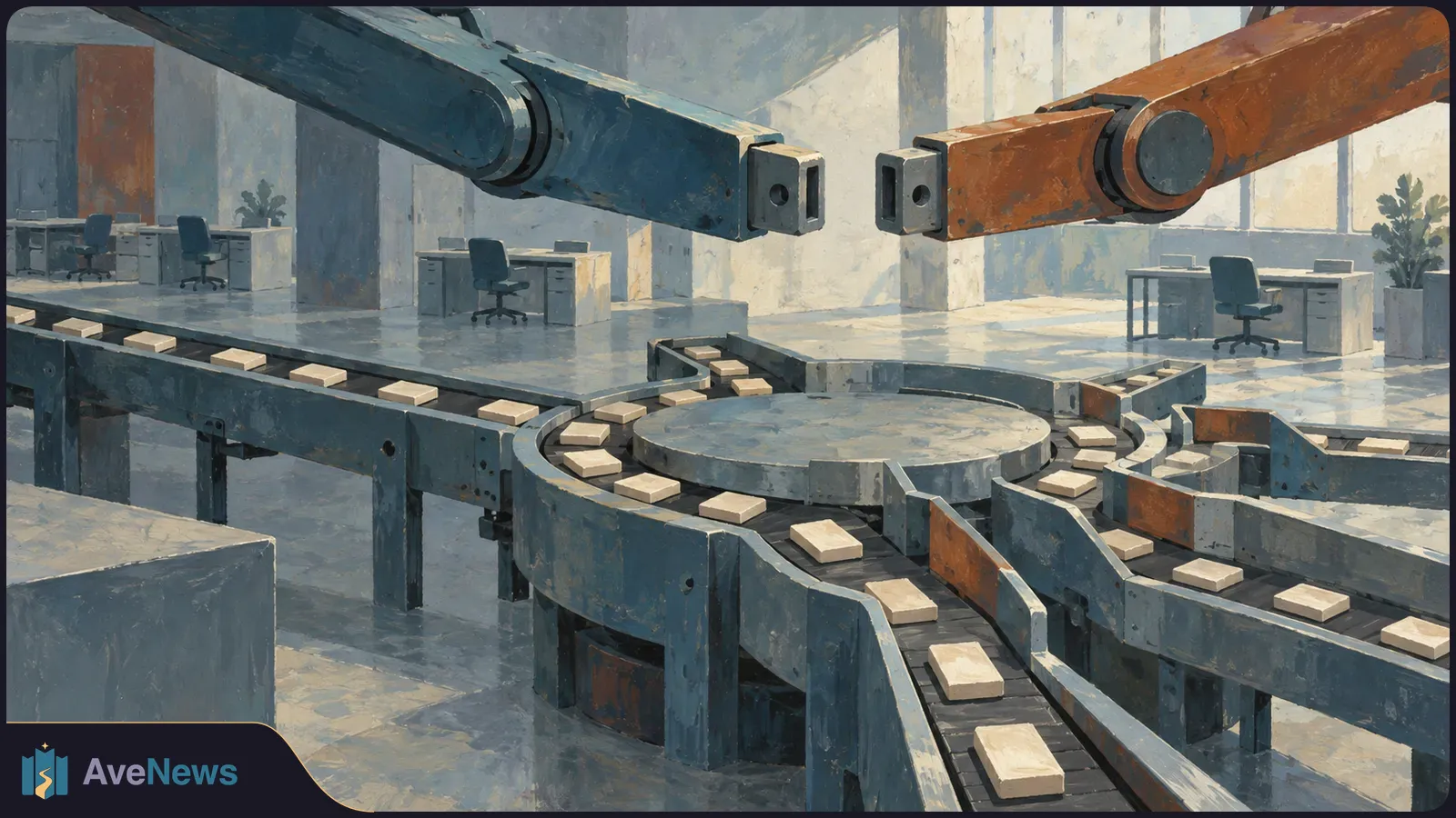 Painted illustration of two robotic arms above branching conveyor belts carrying pale blocks, with empty office desks and chairs in the background. SI illustration
