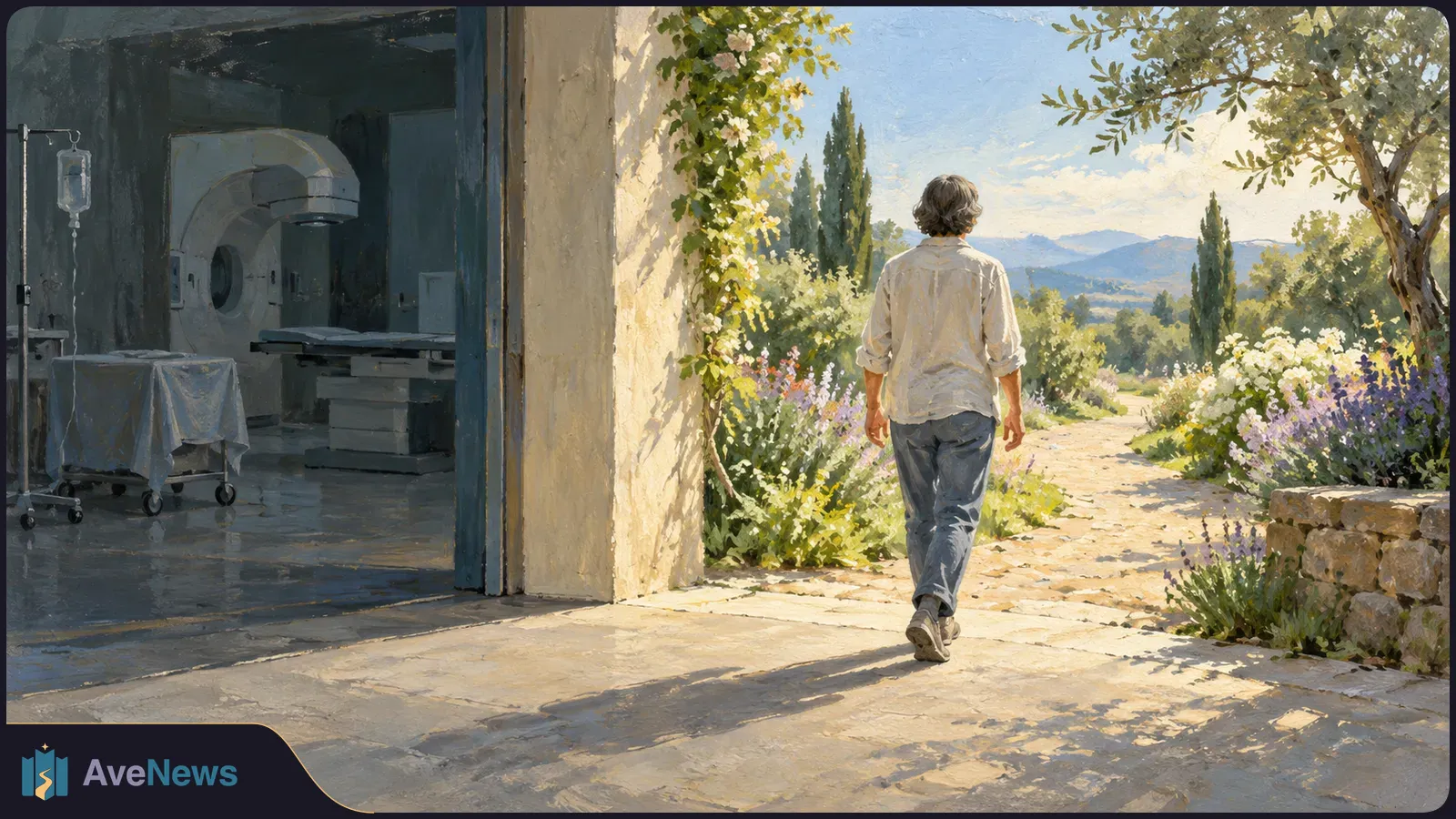 Painting of a person walking along a sunlit garden path beside an open medical imaging room with a scanner and IV stand. SI illustration