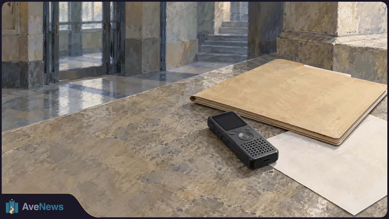 A digital voice recorder, a tan folder and a white sheet of paper rest on a stone counter in a hallway with glass doors and stairs. SI illustration