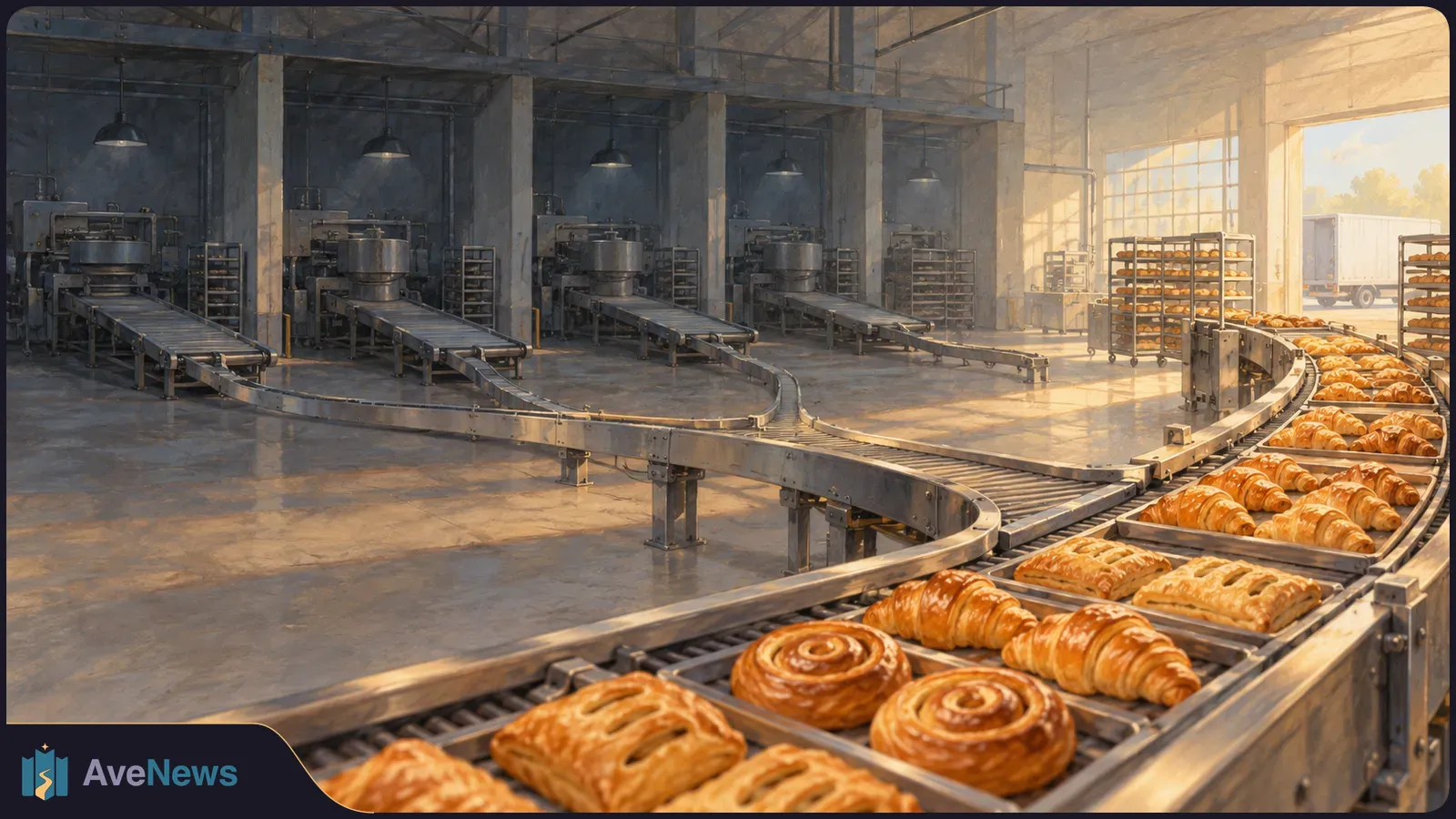 Illustration of a bakery production floor, with pastries on a conveyor belt, industrial machines and racks behind, and a truck visible through an open door. SI illustration