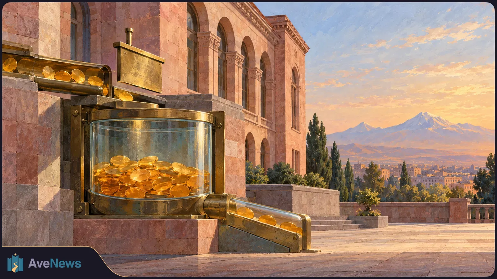 A glass chamber filled with gold coins stands beside a pink stone building; coin-filled tubes lead in and out. A city and snow-capped mountain lie beyond. SI illustration