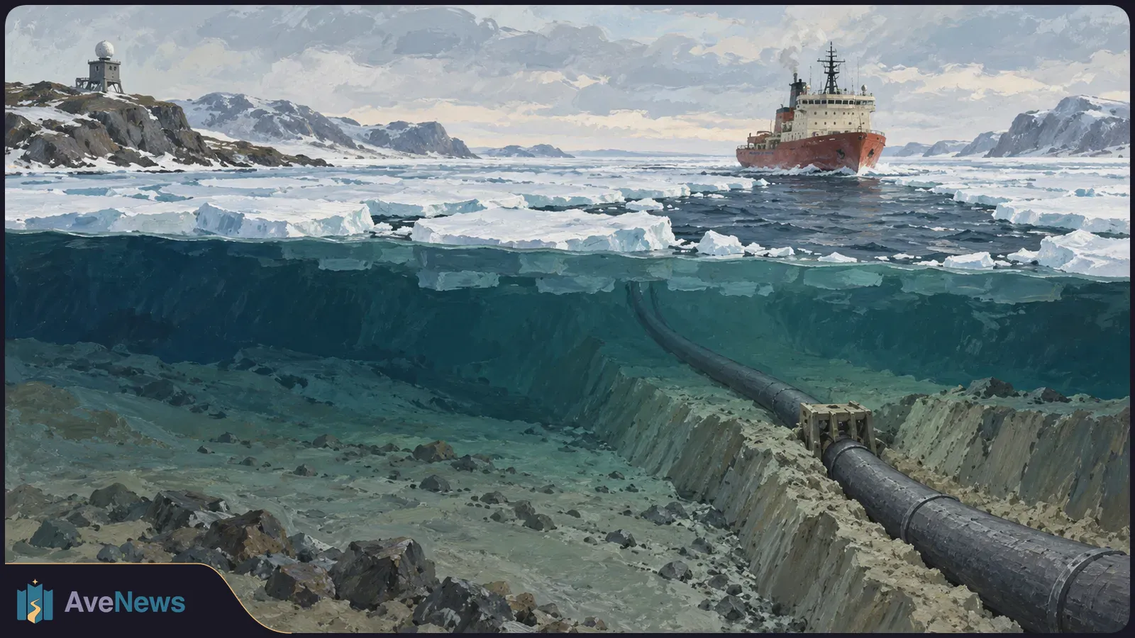 Illustration of an icebreaker among sea ice near snowy mountains, with a radar tower onshore and a cable running through a trench on the seabed. SI illustration