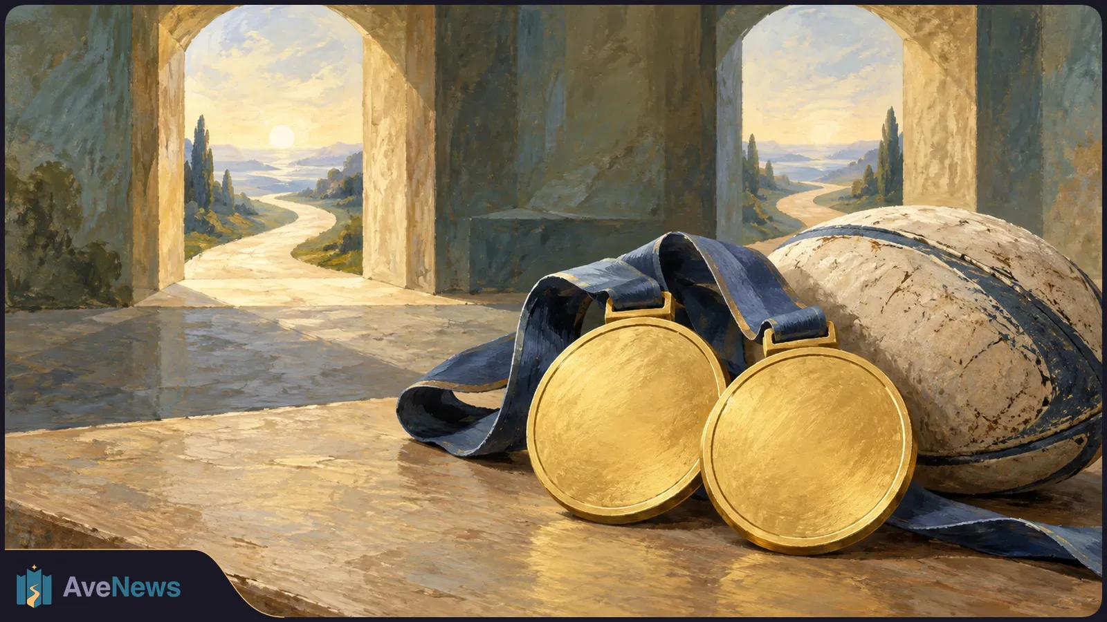 Illustration of two blank gold medals on dark ribbons beside a rugby ball on a stone ledge; sunlit winding paths appear through two archways. SI illustration