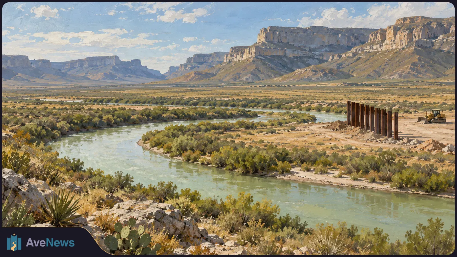 A painted desert river winds past scrub and mesas. Upright steel posts and a bulldozer stand on the sandy bank. SI illustration