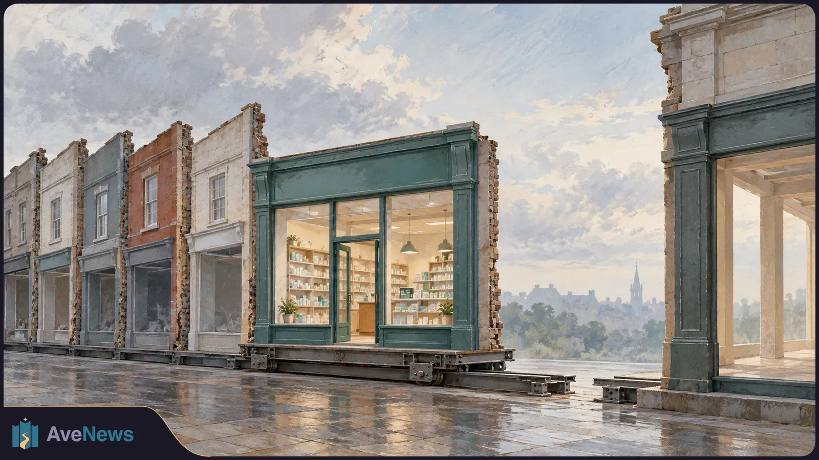 Painterly row of shopfronts on rails, with a brightly lit pharmacy-like shop at the center and reflections on wet pavement beneath a cloudy sky. SI illustration