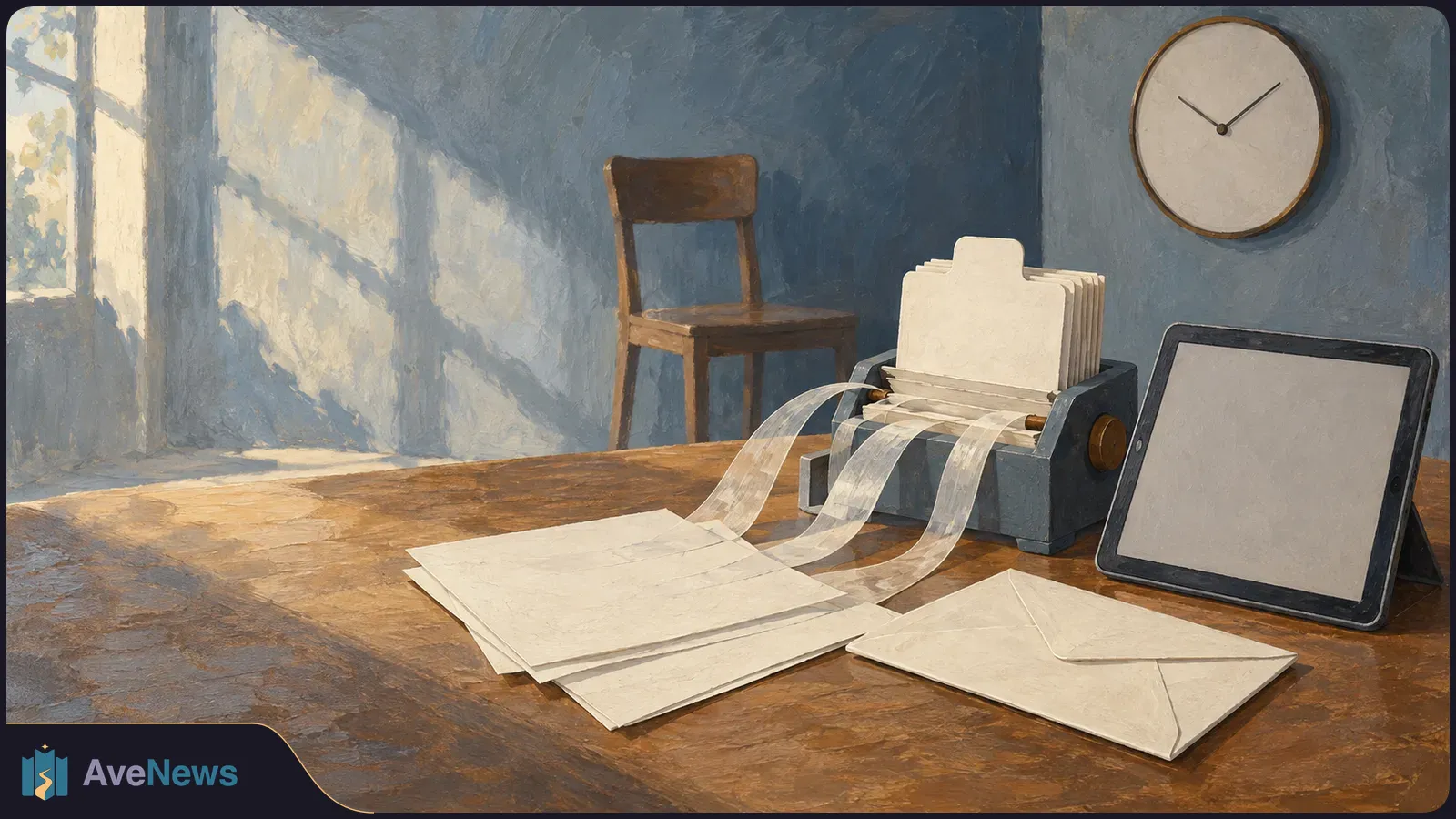 Painted office scene with a clock, an empty chair, and a desk holding a card-filing device, trailing paper strips, blank sheets, an envelope, and a blank tablet. SI illustration