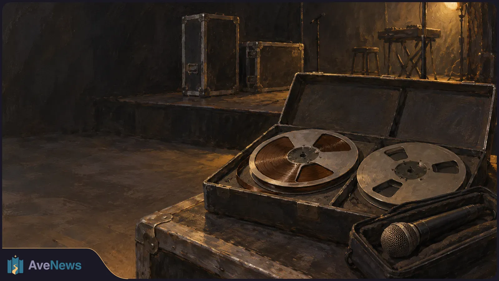 Two tape reels and a microphone rest in open cases beside a dimly lit, empty stage with equipment cases, a stool and a microphone stand. SI illustration