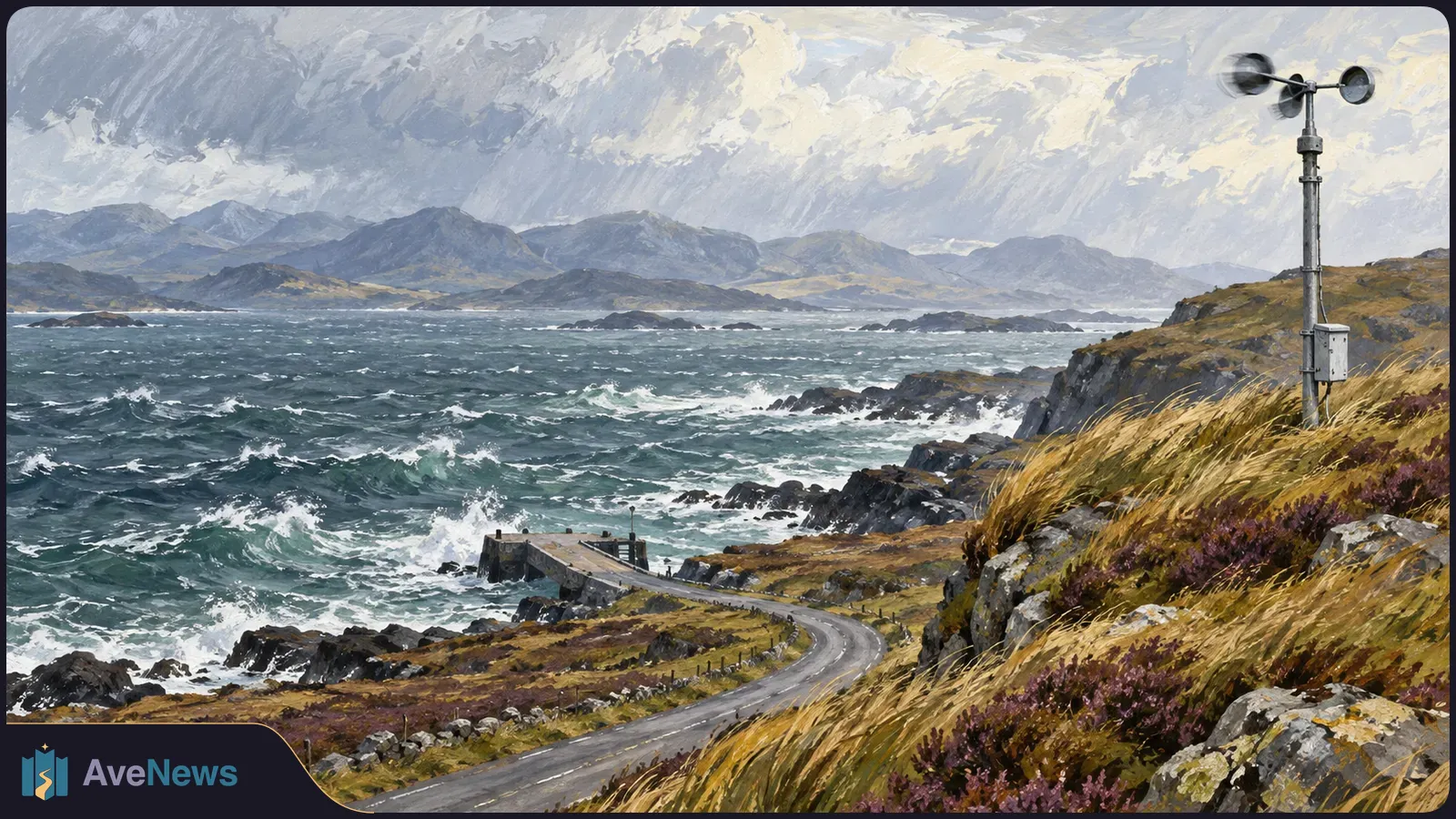 Painted coastal landscape with rough waves, a winding road, distant mountains and an anemometer on a grassy hillside beneath heavy clouds. SI illustration