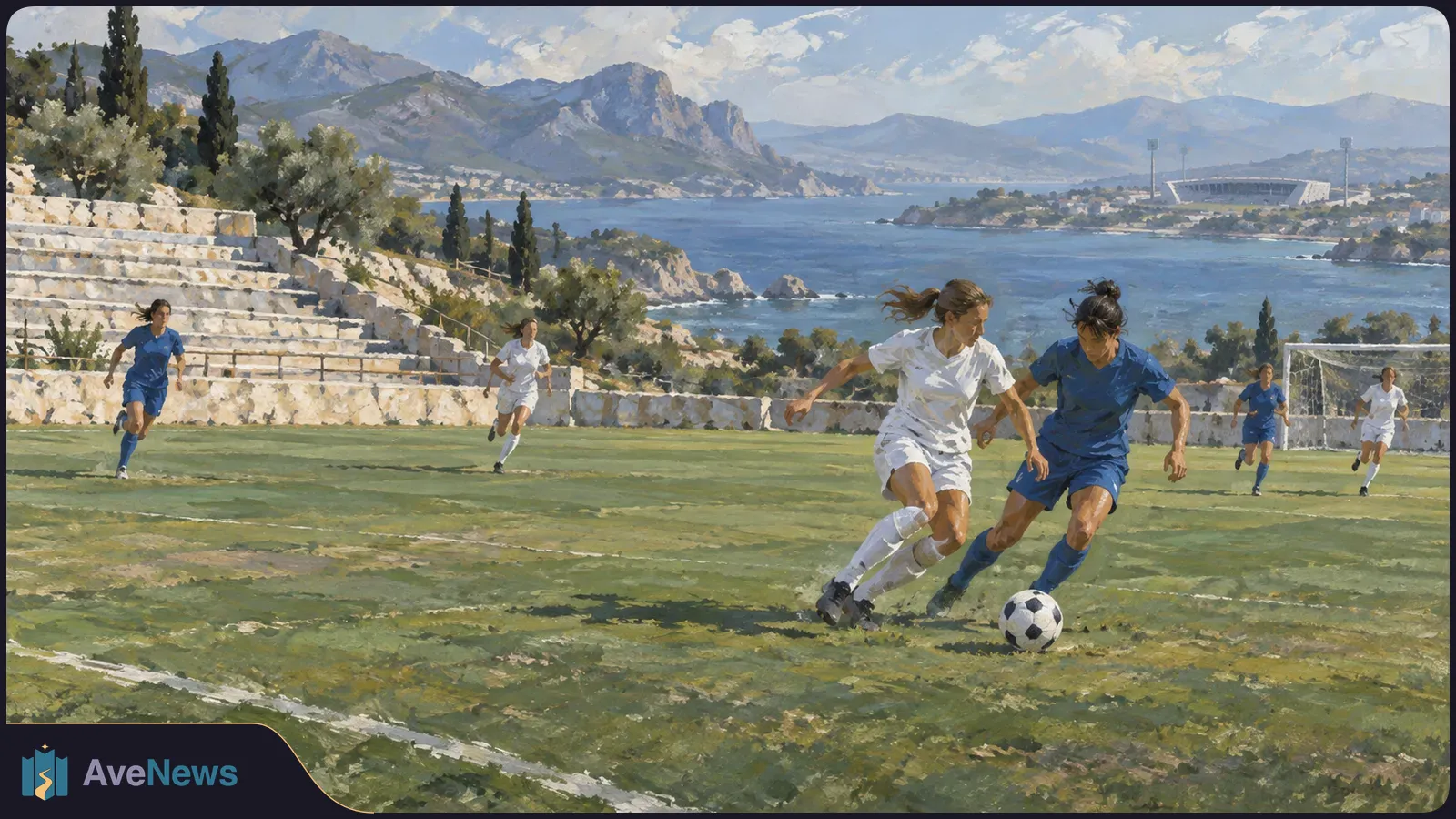 Painted scene of women in blue and white kits contesting a soccer ball on a grassy field, with stone terraces, sea and mountains behind them. SI illustration