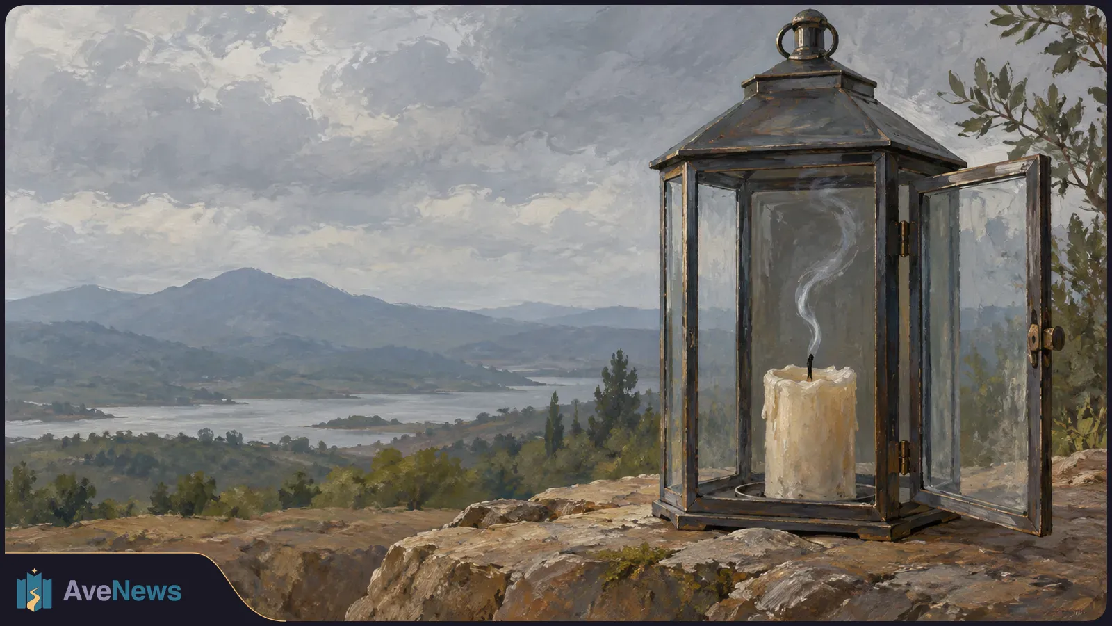 A painted scene of an extinguished candle smoking inside an open glass lantern on a rocky ledge, with a lake and mountains beneath a cloudy sky. SI illustration