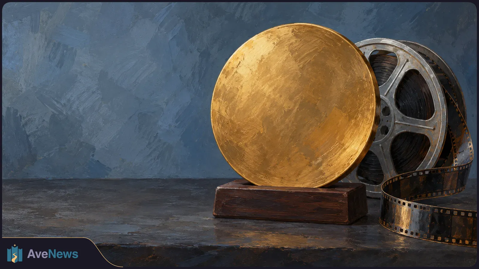 A blank gold disc on a wooden base stands beside a film reel and a curling strip of film against a textured blue backdrop. SI illustration