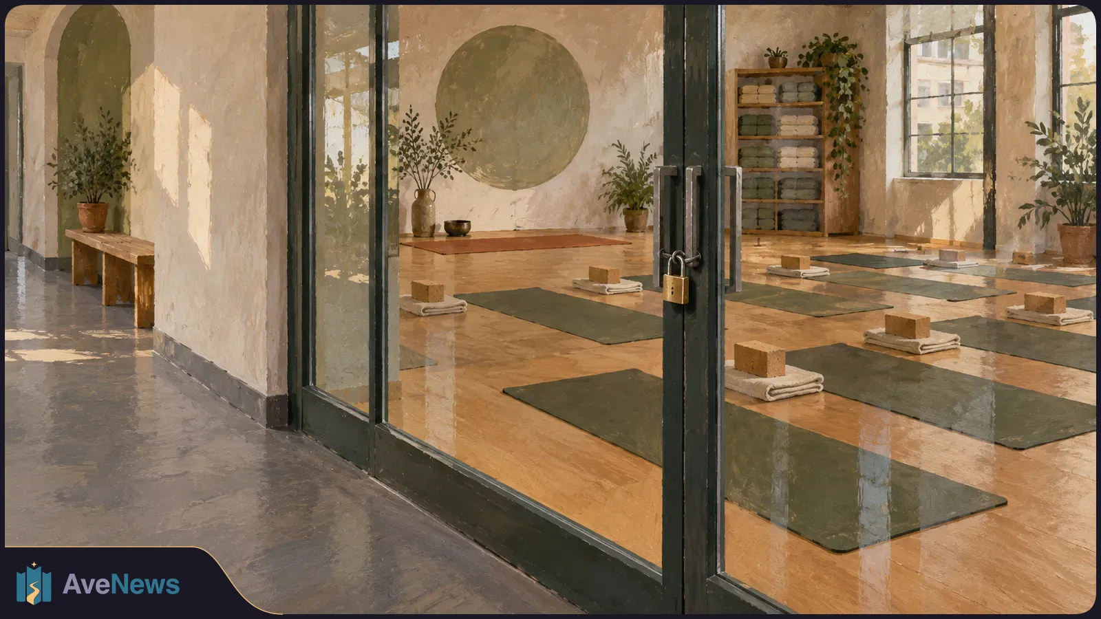 A padlock hangs on the glass doors of an empty yoga studio, where mats, blocks and folded blankets are laid out on the floor. SI illustration